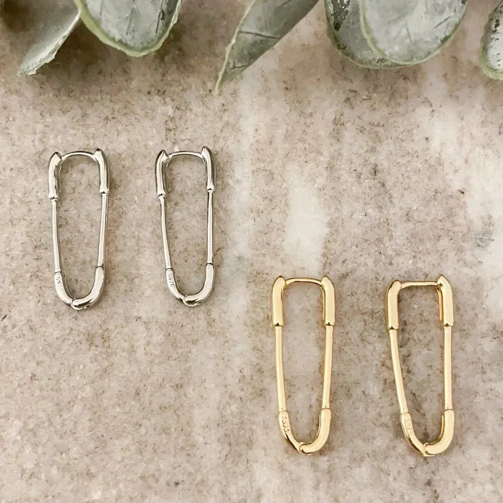 925 Sterling Silver Paperclip Earrings Safety Pin Earrings Modern Drop Earrings